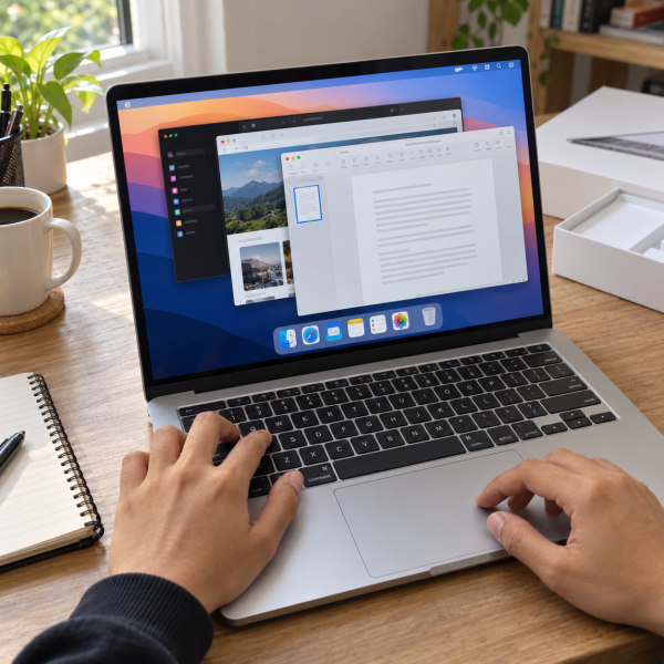 Tangan pengguna menekan keyboard MacBook untuk menutup aplikasi saat beberapa jendela macOS masih terbuka.
