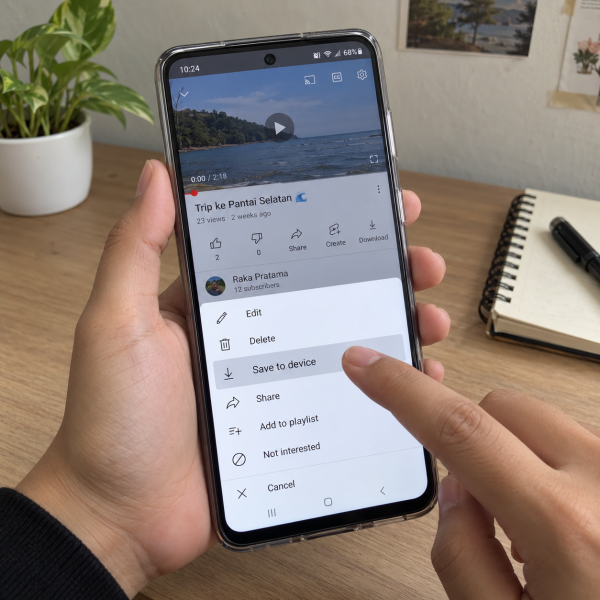 Tangan pengguna memegang HP Android dengan menu penyimpanan video milik sendiri dari YouTube terbuka di layar.
