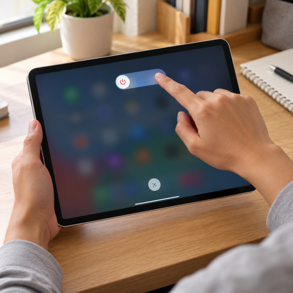 Tangan pengguna menggeser tombol daya pada layar iPad untuk mematikan perangkat sebelum melakukan reboot.