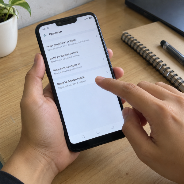 Tangan pengguna memegang HP OPPO A3s dengan layar menampilkan menu reset ke setelan pabrik di Pengaturan.