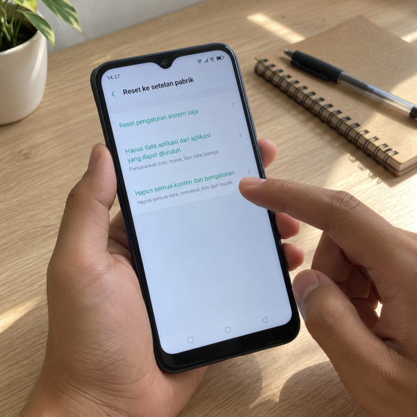 Tangan pengguna memegang HP OPPO A5s dengan menu pilihan reset terbuka di layar pengaturan.