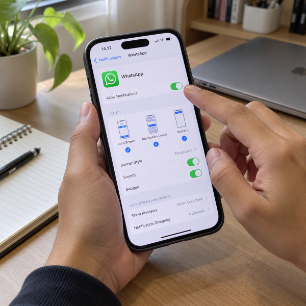 Pengguna iPhone memeriksa pengaturan izin notifikasi WhatsApp pada layar perangkat.