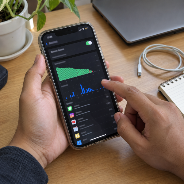 Pengguna mengecek aktivitas baterai pada iPhone yang tetap berkurang saat tidak dipakai.