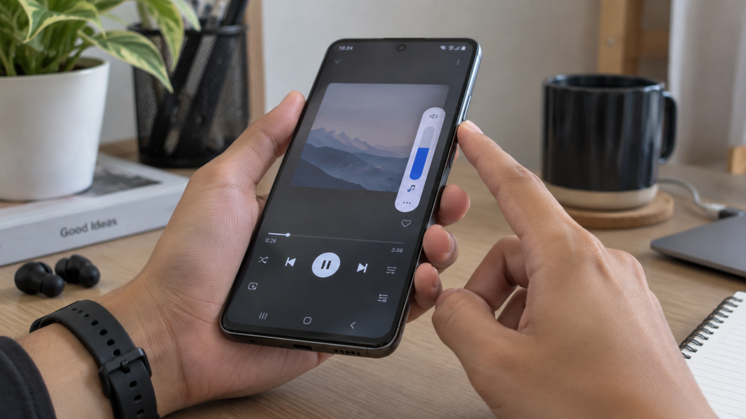 Pengguna menaikkan volume media di HP Android untuk mengecek speaker yang nggak mengeluarkan suara.