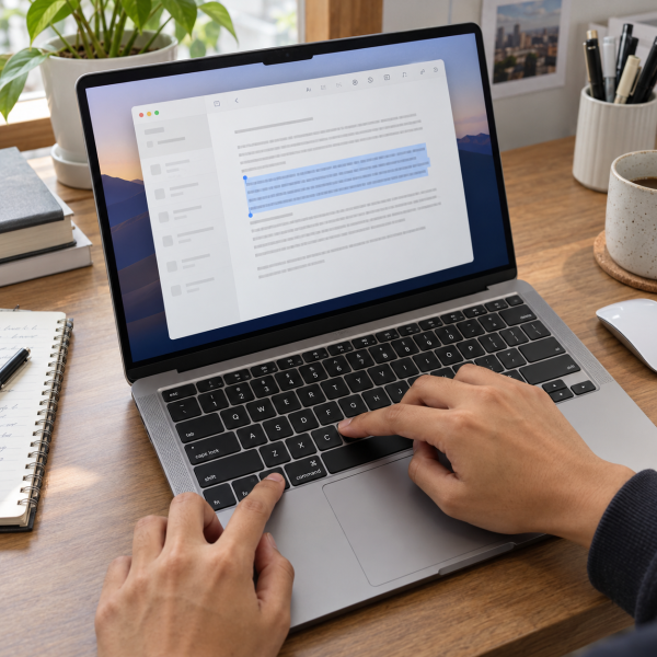 Pengguna menekan tombol Command dan C pada keyboard MacBook untuk menyalin konten yang dipilih di layar.