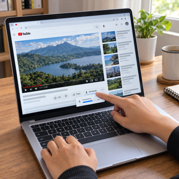 Tangan pengguna mengoperasikan laptop yang menampilkan video YouTube dengan tombol Download untuk menonton secara offline.