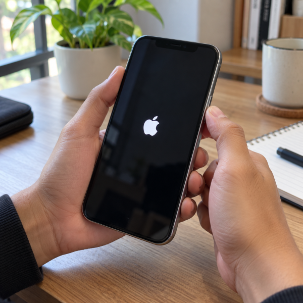 Tangan pengguna menahan tombol samping iPhone saat perangkat melakukan proses restart.