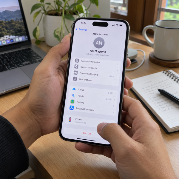 Tangan pengguna memegang iPhone dengan halaman pengaturan Akun Apple terbuka untuk mengganti akun iCloud.