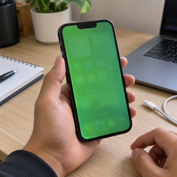 iPhone 13 dengan layar berubah hijau sedang diperiksa oleh pemiliknya tanpa membongkar perangkat
