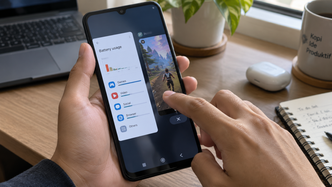Pengguna mengecek penggunaan baterai di HP sambil menutup aplikasi berat yang sedang berjalan.