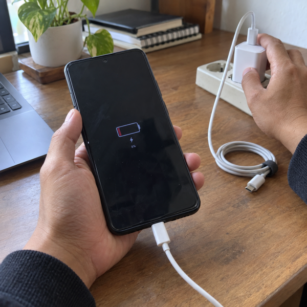 HP terhubung ke charger dengan baterai masih rendah saat pengguna memeriksa proses pengisian.