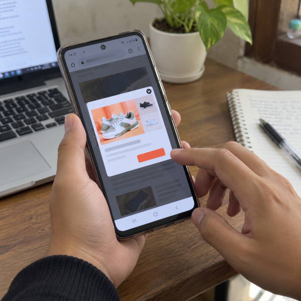 Tangan memegang HP Android yang menampilkan iklan pop-up mengganggu di atas layar aplikasi.