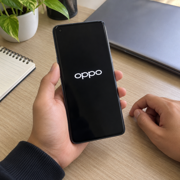 Tangan memegang HP OPPO dengan layar hitam yang berhenti pada logo OPPO saat proses booting.