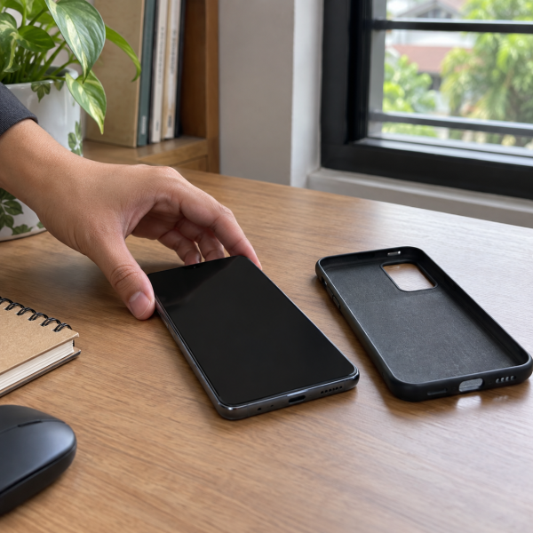 HP Samsung dalam kondisi mati diletakkan di meja dengan casing dilepas agar perangkat mendingin secara alami.
