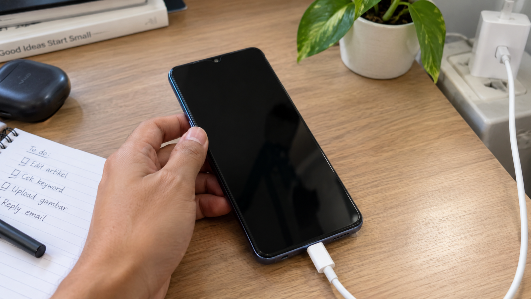 HP Vivo dengan layar hitam tidak merespons saat disambungkan ke charger di atas meja.