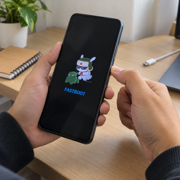 HP Xiaomi menampilkan Fastboot sementara pengguna menahan tombol power untuk melakukan restart.