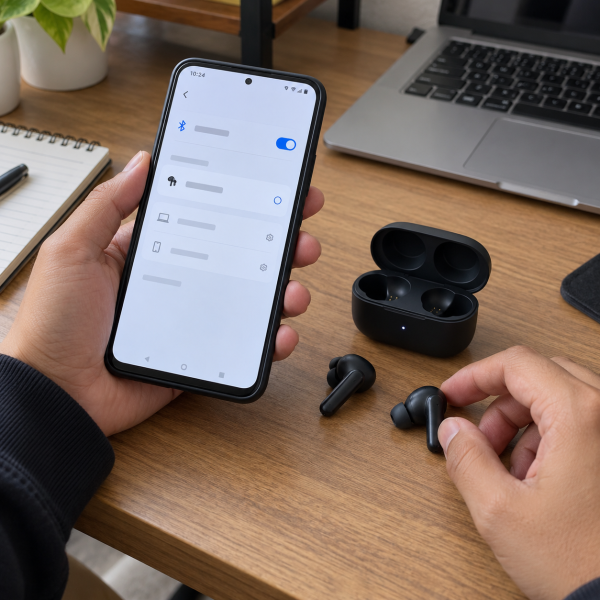 HP dan headset Bluetooth sedang dicoba dipasangkan dengan menu Bluetooth terbuka di layar.