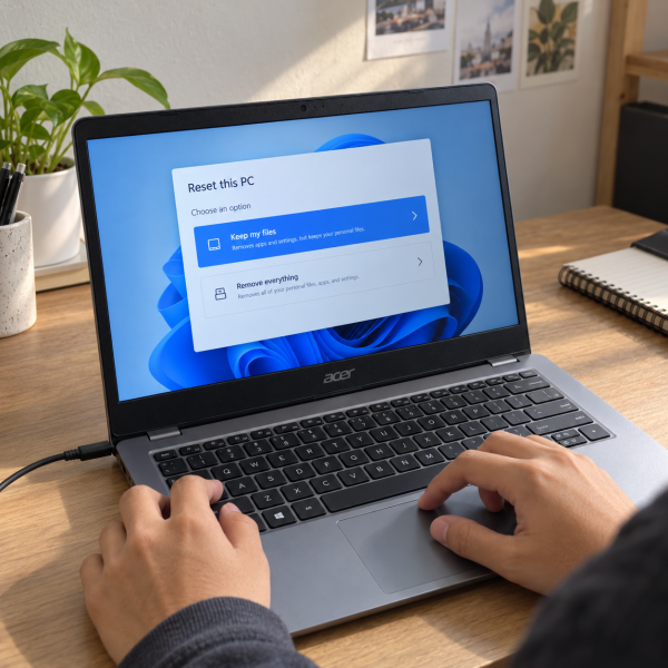 Tangan pengguna mengoperasikan touchpad laptop Acer dengan menu Reset this PC dan pilihan Keep my files pada layar Windows 11.