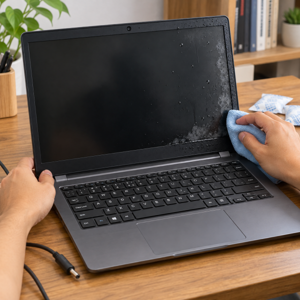 Laptop mati dengan charger tercabut saat pengguna menyerap air di tepi layar memakai kain microfiber.