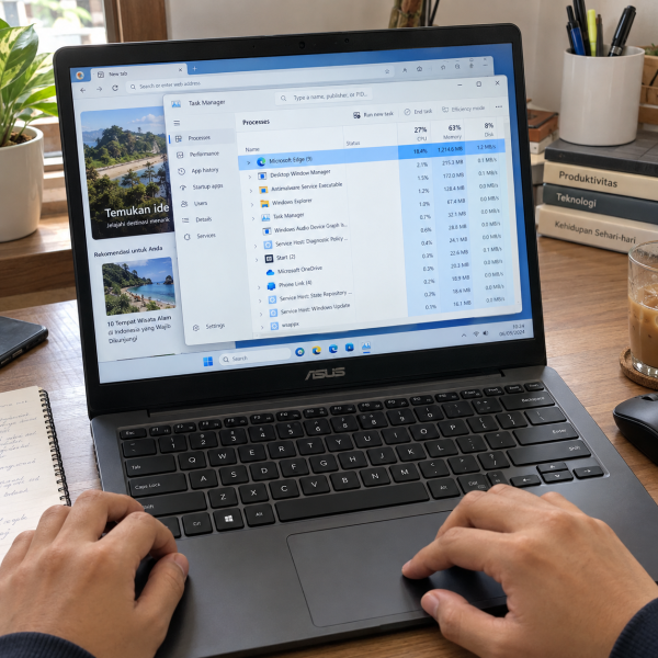 Laptop Windows yang hang dengan Task Manager terbuka saat pengguna memeriksa proses yang memakai resource tinggi.