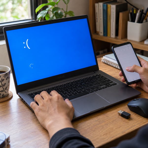 Laptop Windows menampilkan blue screen sementara pengguna mencatat error yang muncul di layar.