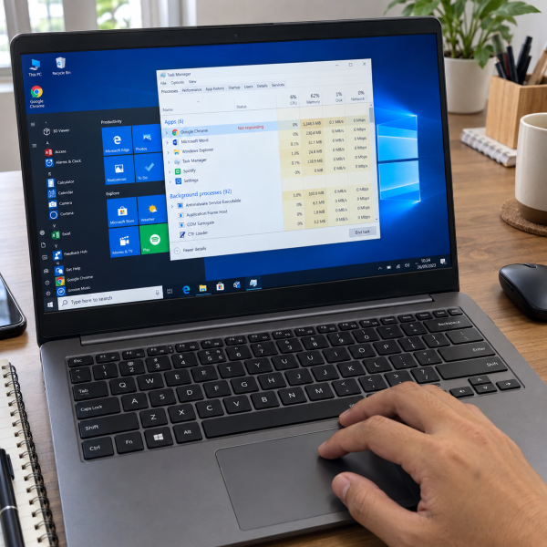 Laptop Windows 10 menampilkan Task Manager dengan aplikasi berstatus Not responding saat pengguna memakai trackpad.