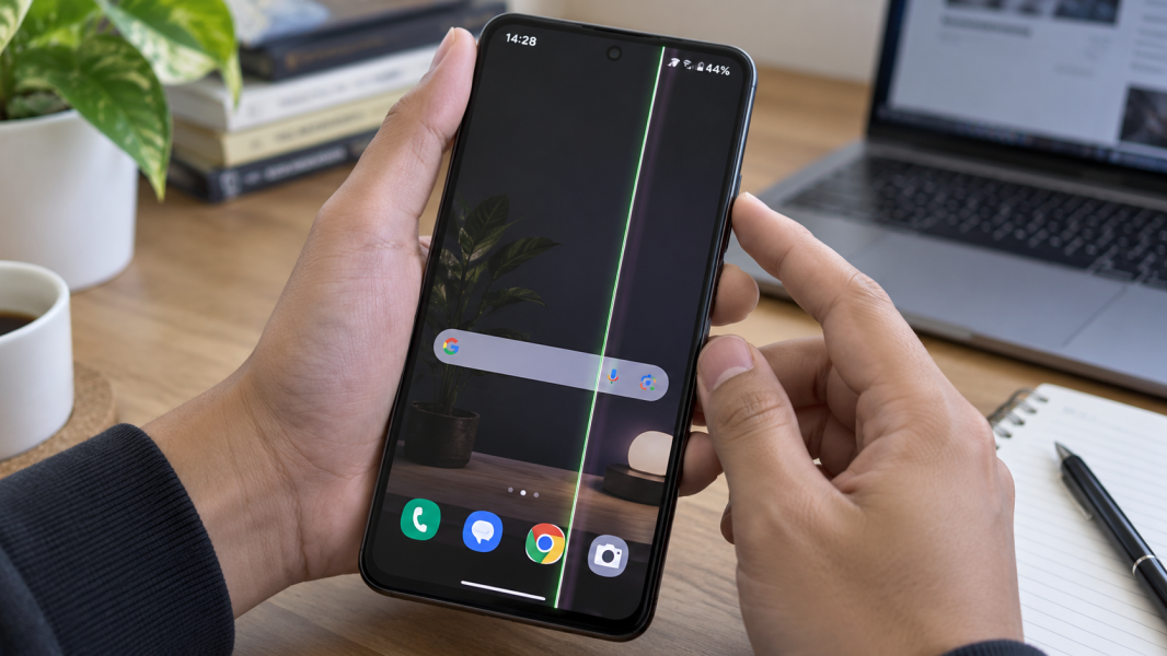 HP menyala dengan garis vertikal pada layar saat pengguna menekan tombol daya untuk melakukan restart.