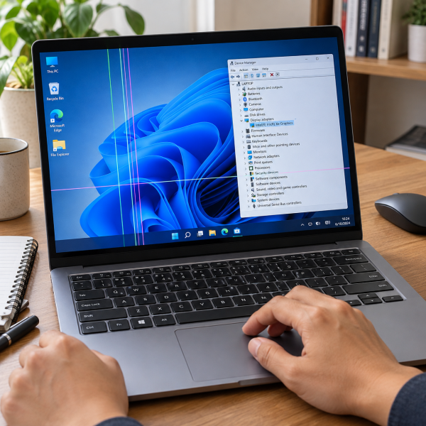 Laptop menyala dengan garis vertikal dan horizontal pada layar saat pengguna melakukan pengecekan melalui Windows.