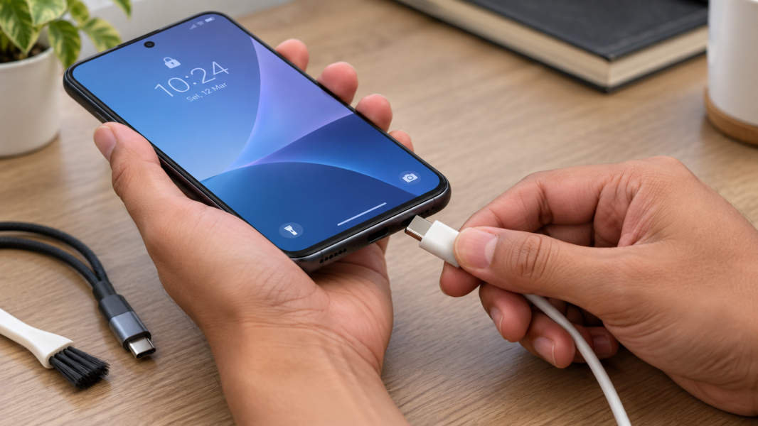 Tangan mengecek konektor USB-C yang terasa longgar pada port charger HP dengan kabel pembanding di sampingnya.