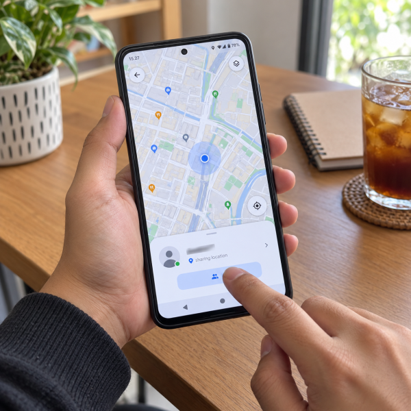 Tangan memegang HP Android yang menampilkan peta Google Maps dengan penanda lokasi yang dibagikan oleh kontak.