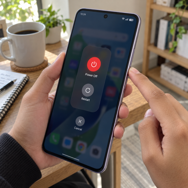 Tangan pengguna menekan tombol power HP OPPO dengan menu Power Off dan Restart terlihat pada layar ColorOS.