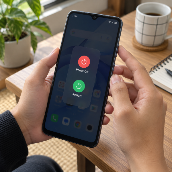 Tangan pengguna menekan tombol power dan volume atas realme Note 60 dengan menu Power Off dan Restart terlihat pada layar HP.