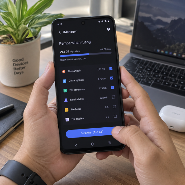 HP vivo menampilkan iManager untuk mengecek dan membersihkan file sampah dari penyimpanan.
