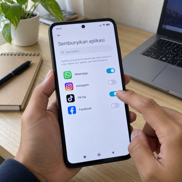 Tangan pengguna mengaktifkan tombol penyembunyian aplikasi melalui menu pengaturan keamanan di layar HP Redmi.