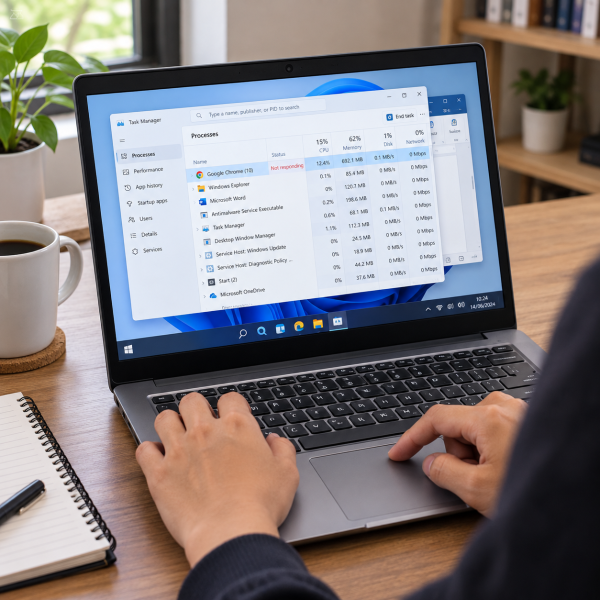 Tangan pengguna mengoperasikan laptop Windows dengan Task Manager terbuka untuk menutup aplikasi yang not responding.