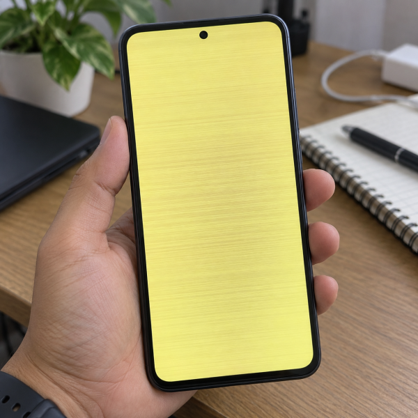 Tangan mengatur tampilan smartphone yang seluruh layarnya terlihat kekuningan