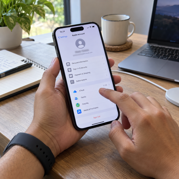 Tangan pengguna membuka pengaturan iCloud pada iPhone untuk mengecek dan mengatur sinkronisasi akun