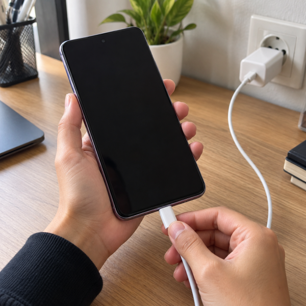 Tangan pengguna menyambungkan charger ke HP OPPO dengan layar hitam yang tidak merespons di atas meja.