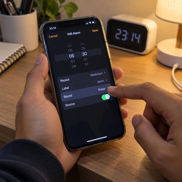 Tangan memeriksa pengaturan bunyi alarm pada iPhone yang sedang menampilkan menu alarm.