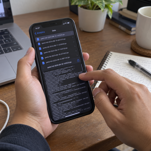 Pemilik iPhone memeriksa log diagnostik setelah perangkat mengalami restart berulang.