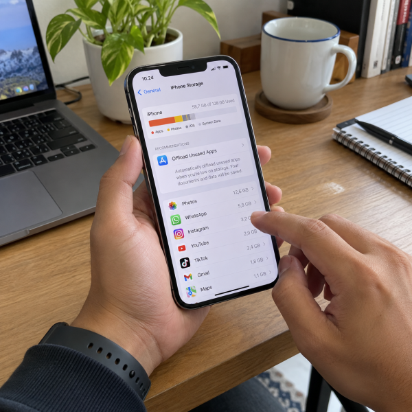 Tangan pengguna mengecek pengaturan iPhone yang terasa lambat di meja kerja.