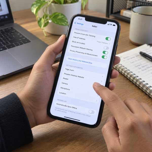 Pengguna membuka pengaturan iPhone untuk mengelola data Safari atau penyimpanan aplikasi.