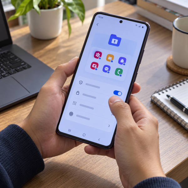Tangan pengguna mengatur perlindungan aplikasi melalui pengaturan privasi di HP Samsung.