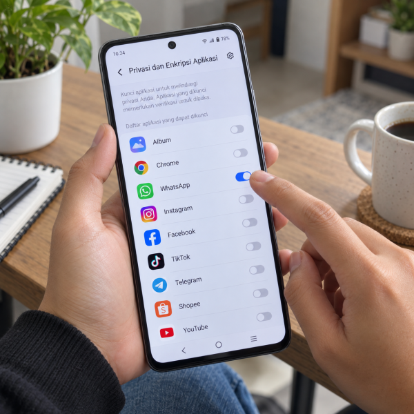 Tangan pengguna mengaktifkan kunci WhatsApp melalui menu Privasi dan Enkripsi Aplikasi pada layar HP vivo.