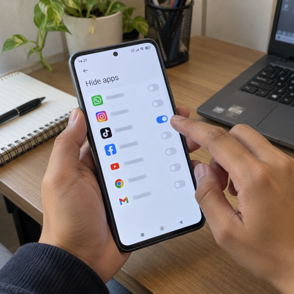 Pengguna mengaktifkan fitur Hide apps pada HP Xiaomi melalui menu privasi bawaan.