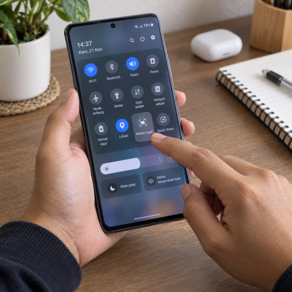 Pengguna membuka Quick Panel di HP Samsung dan bersiap memilih fitur perekam layar bawaan.