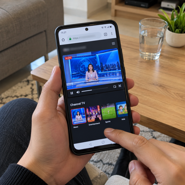 Tangan pengguna memegang HP Android yang menampilkan siaran televisi langsung melalui pemutar video di halaman browser.