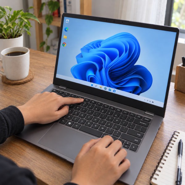 Tangan pengguna menekan tombol F5 pada keyboard laptop Lenovo dengan desktop Windows terlihat di layar.