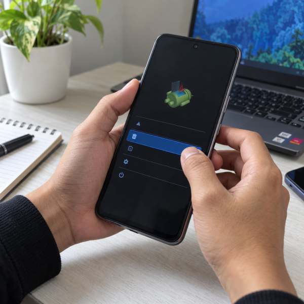 HP OPPO terkunci sedang dibuka ke Recovery Mode untuk melakukan reset dengan tangan pengguna terlihat.