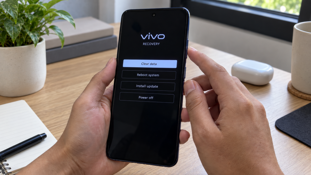 HP Vivo menampilkan menu Recovery Mode dengan opsi Clear data saat pengguna menyiapkan factory reset.